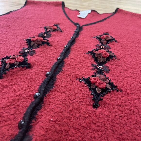 Koret Vtg 90s Wool Sweater Vest Women 2X Red 3D Art Floral Beaded Button Knit - Picture 4 of 16
